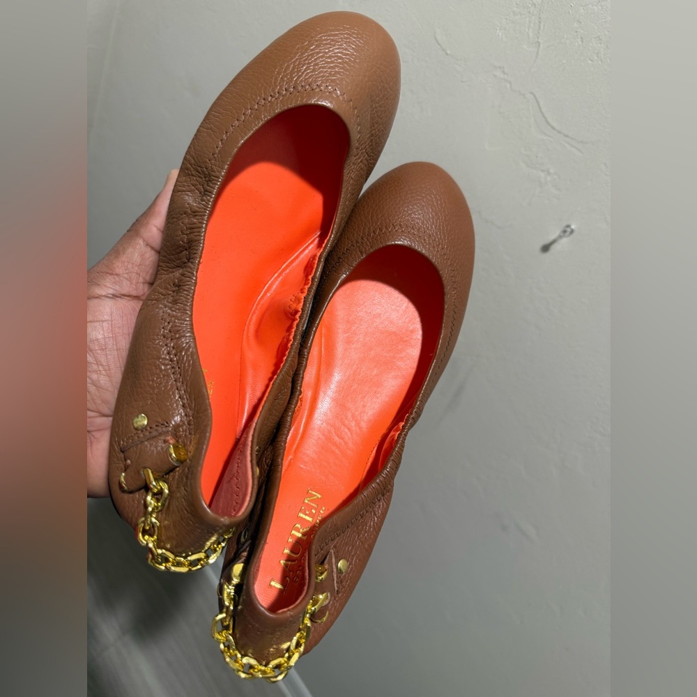 Ralph Lauren Brown Leather Flats with Gold Chain